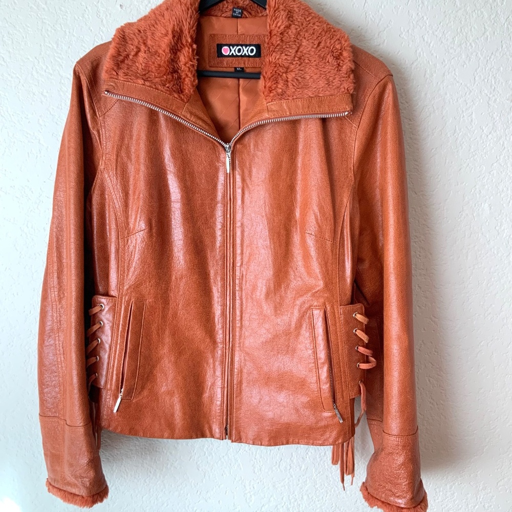 RARE! Y2K VINTAGE Leather! XOXO Womens Bomber Jacket Lace Up Moto Size XL - Picture 14 of 14